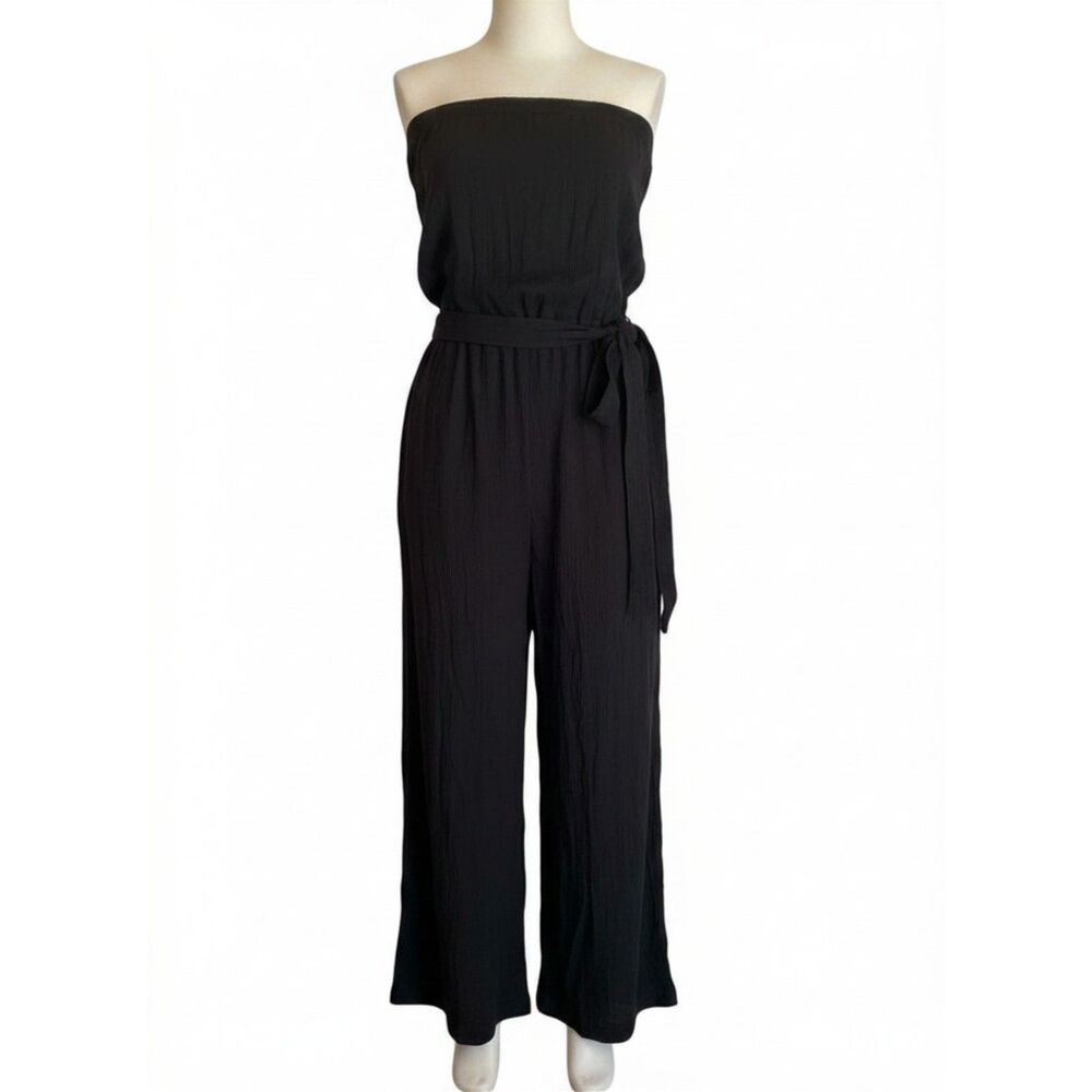 BECCA cropped black strapless jumpsuit with side split legs
